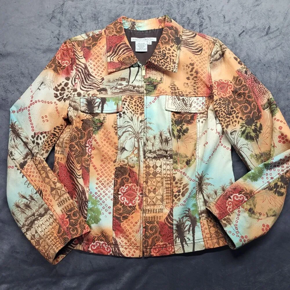 Vtg Maggy London Women’s 12 Full Zip Blazer Jacket 100% Cotton Safari Print
